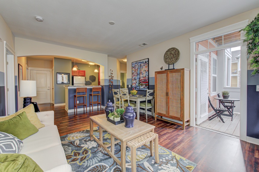 using furniture that comes with storage space can help keep your Bloomington apartment organized. Apartment living room in Bloomington