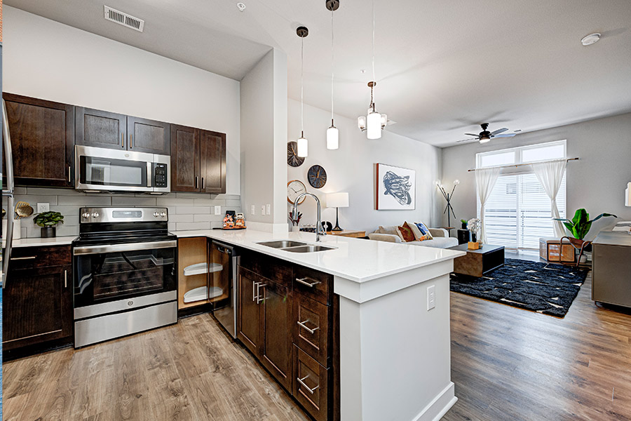 Kitchen and living room of open-concept apartment